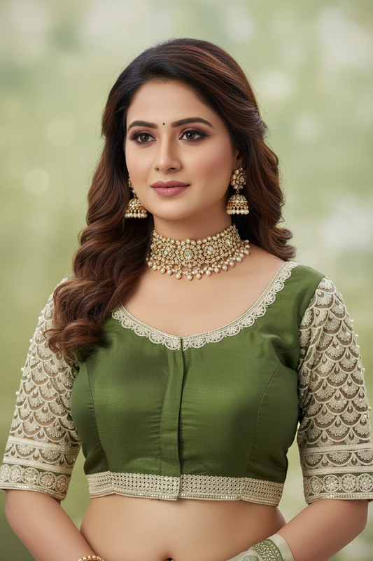 Mint Green Organza Readymade Blouse – Half Sleeves with Zardozi Embroidery & Back Bow Knot