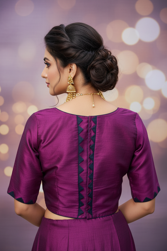 Purple Magenta Dupion Silk Readymade Blouse – Half Sleeves with Front Hooks & Navy Blue Border