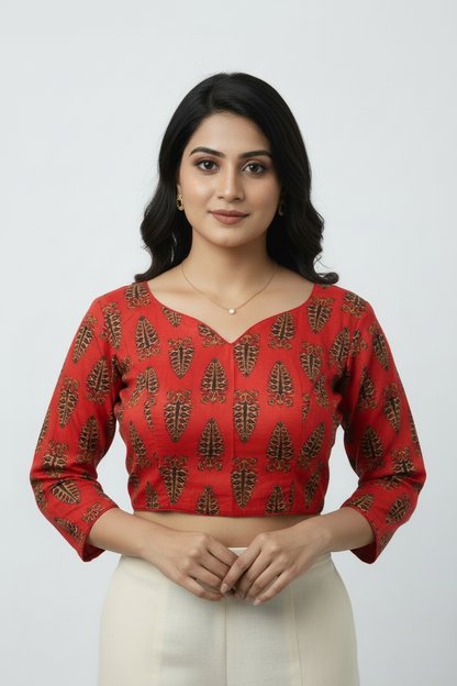Red Block Print Readymade Blouse – Full Sleeves with Back Knot