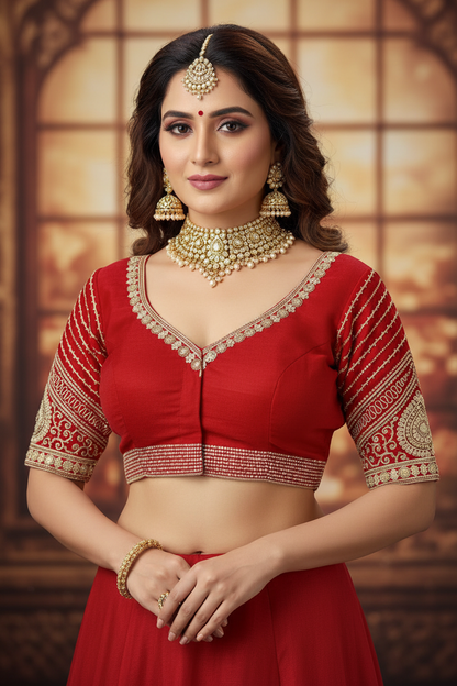 Deep Maroon Organza Readymade Blouse – Half Sleeves with Zardozi Embroidery, Front Hooks & Back Bow Knot