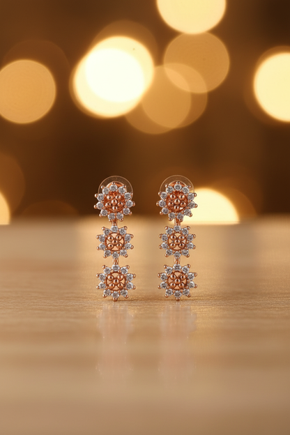 Rose Gold Triple Daisy Flower Linear Drop Earrings - Regenerated