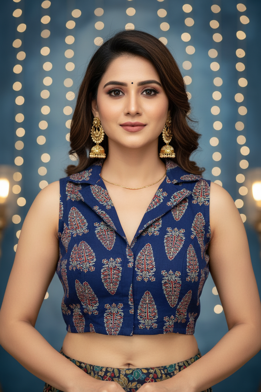 Mustard Yellow Leaf Print Sleeveless Blouse – Collar Neck with Front Hooks