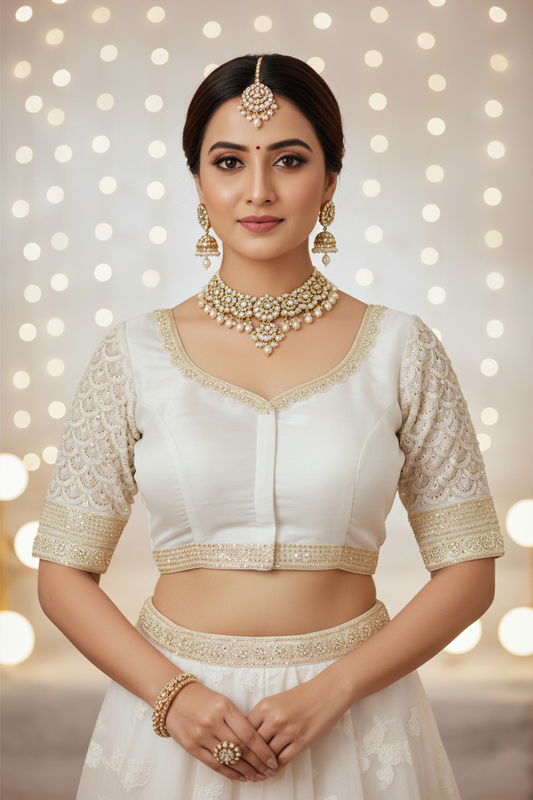 Mint Green Organza Readymade Blouse – Half Sleeves with Zardozi Embroidery & Back Bow Knot